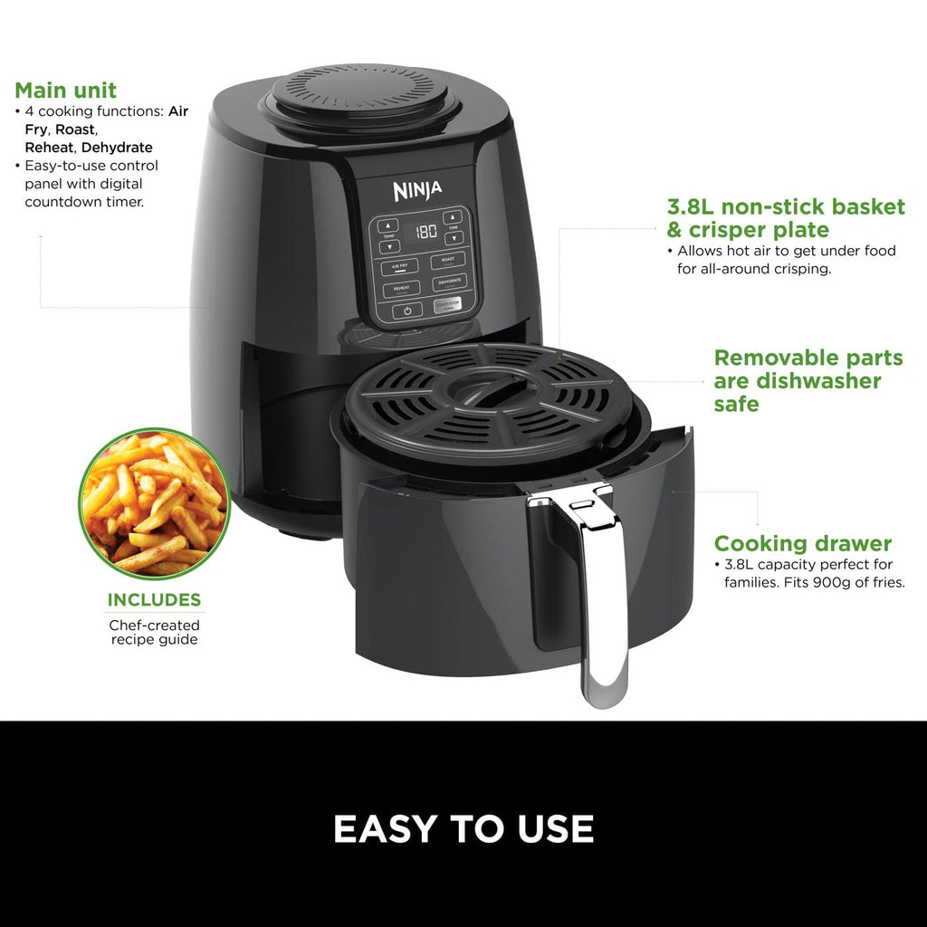 Ninja Air Fryer, 3.8L, 4-in-1, Uses No Oil, Air Fry, Roast, Reheat, Dehydrate, Non-Stick, Dishwasher Safe Basket, Cooks 2-4 Portions, Digital, Grey & Black, AF100UK