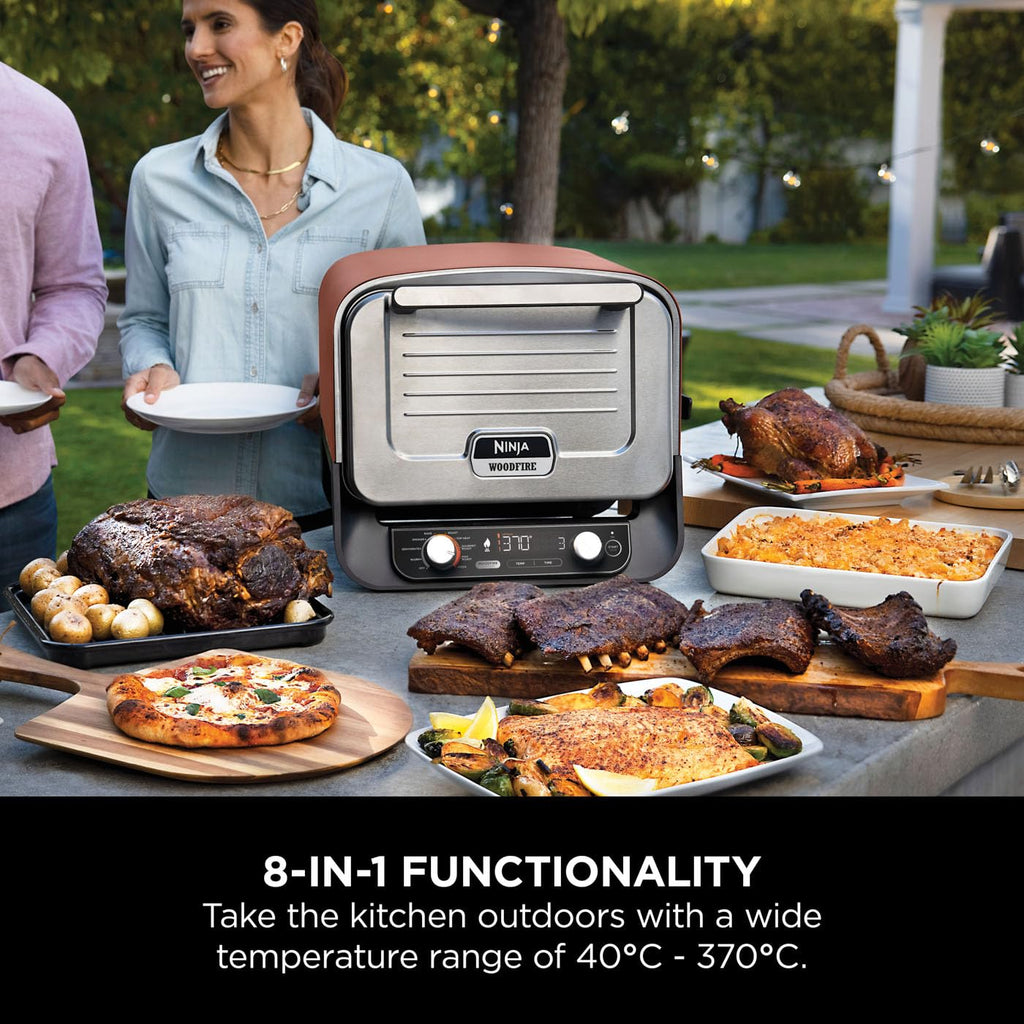 Ninja Woodfire Electric Outdoor Oven, 8-in-1 Pizza Oven, High-Heat Roaster & BBQ Smoker with Roast Rack, Pro-Heat Tray, Pizza Stone, Wood Pellets & Scoop, 6 Pizza Settings, Burnt Orange OO101UK